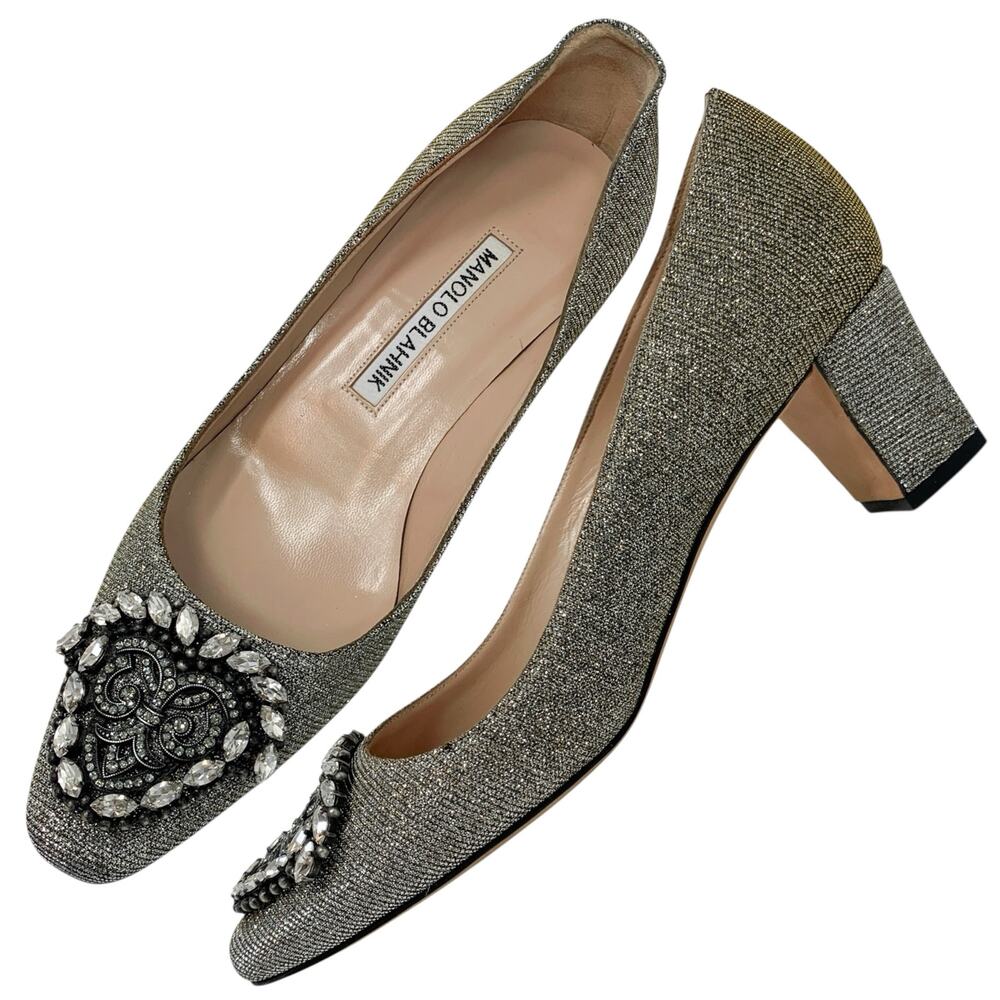 Manolo Blahnik Okkato 50 Crystal Buckle Glitter Pumps EU 35